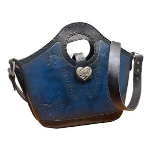 Handcrafted Leather Crossbody Bag Blue Black Butterfly Skull Medium Purse EUC